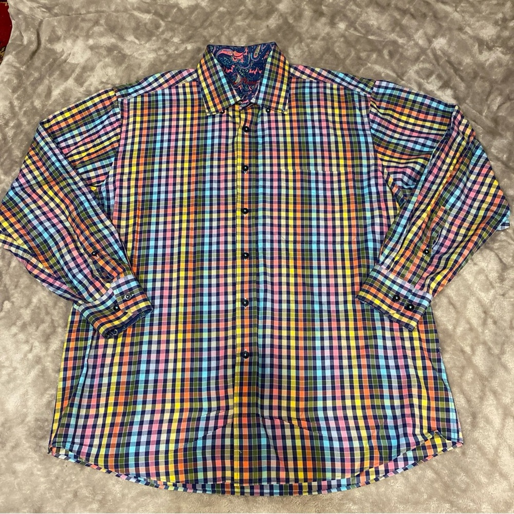 Alan Flusser Button Down Shirt Pastel Checkered Gingham Plaid Men's L